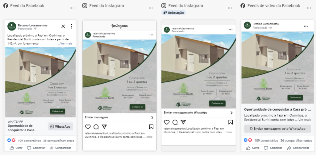 Anúncios patrocinados da Retama Loteamentos no feed do Facebook e do Instagram, mostrando um mapa com a localização do Residencial Buriti em Ourinhos e um chamado para ação convidando para conversar pelo WhatsApp.